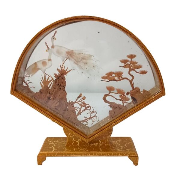 Asian Cork Peacocks Diorama Shadow Box Sculpture Hand Carved Gold Tone Frame Vtg - Picture 11 of 16